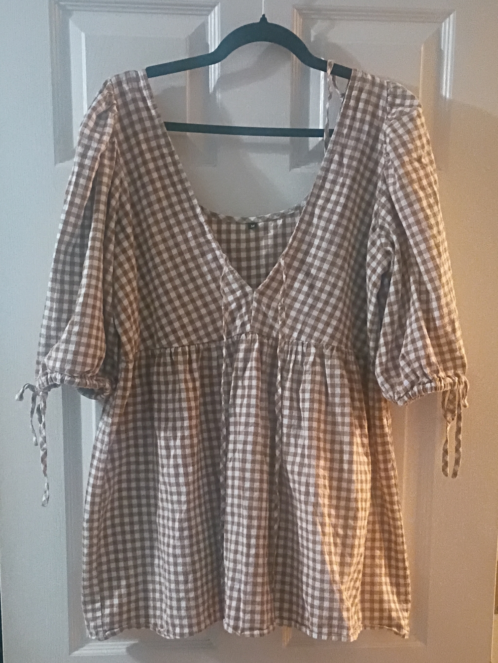Gingham Peasant Top/Dress - Taupe/White V-Neck